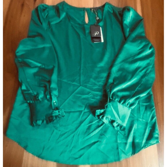 Adrianna Papell Women’s Top Med Shiny & Bright Emerald Long Sleeve Ruffle Cuff - Picture 1 of 14